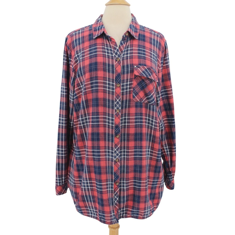J Jill Denim Plaid Flannel Shirt Large‎ Pink Blue Long Sleeve